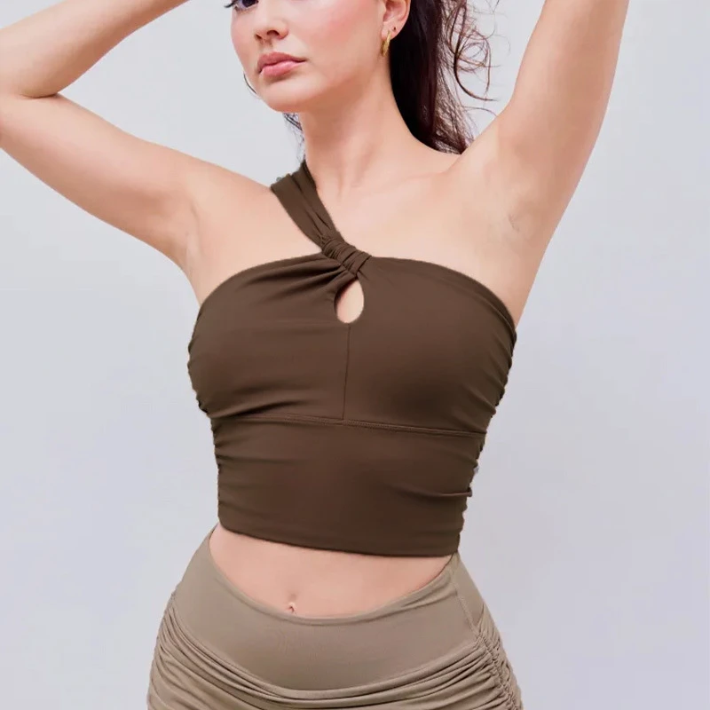 Cross-Border Asymmetrical Pleated Breathable Sports Vest Comfortable Barely-There Skinny Fit Fitness Training Pilates Sports Bra