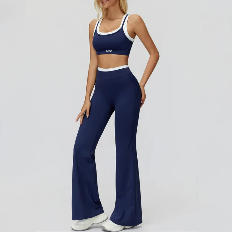 Custom Logo 2 Piece Yoga Wear Set Manufacture Women Color Block Double Layer Sports Bra & High Waist Flare Leggings for Gym