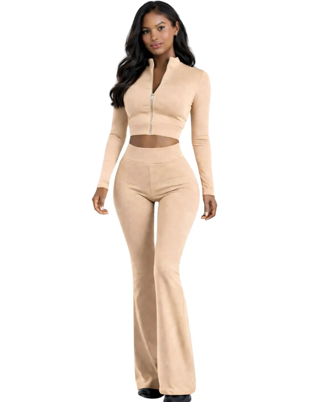 Custom Beige Women Two Piece Yoga Set Zip Crop Top And High Waist Flared Pants Stretch Fitness Gym Wear Custom Manufacturer OEM