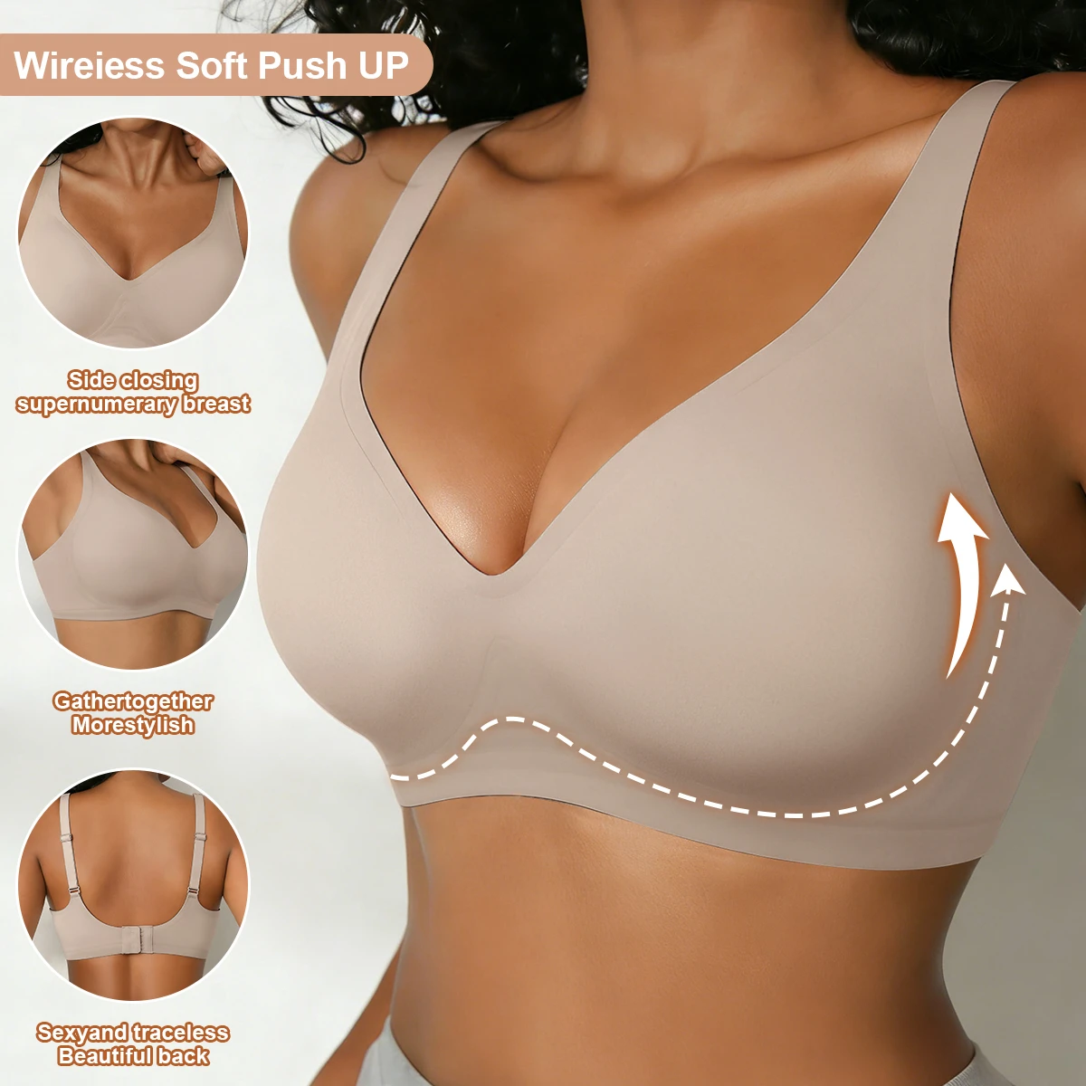 Europe and America Hot Sale Women V Neck Plus Jelly Bra Breathable Women's Intimates Solid Color Seamless Push-Up Sport Brassier