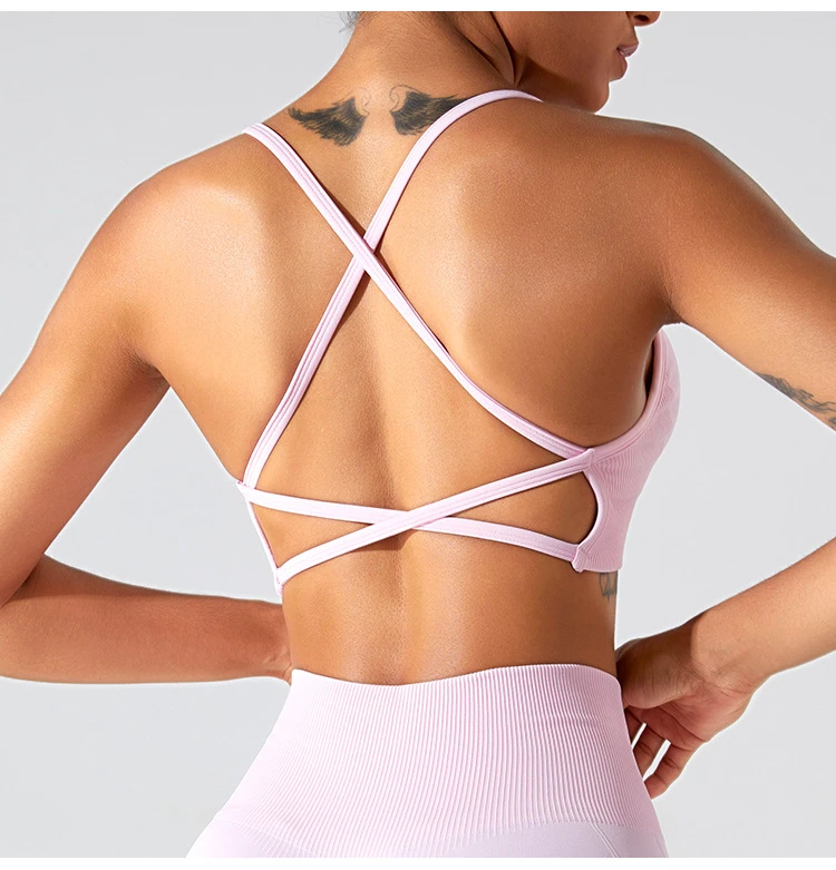Women's High Quality Custom Logo Seamless Gym Tops Padded Cross Strap Workout Athletics Fitness Yoga Bras