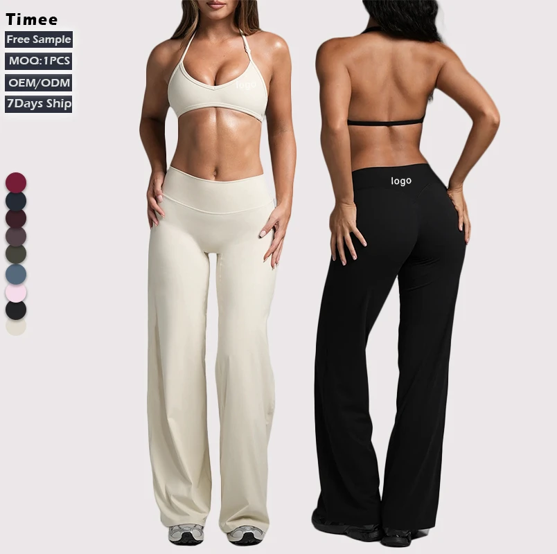 Hot Sale V-neck Push Sports Bra&High Waist Wide Leg Pants 4 Way Stretch Breathable Quick Dry Lightweight 2 Piece Yoga Set Women