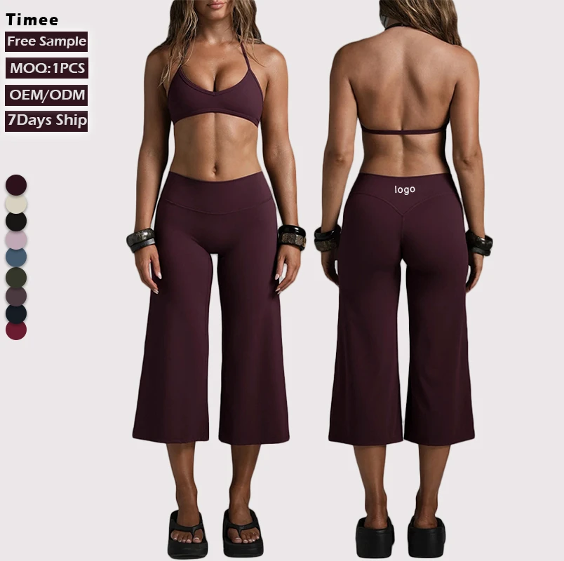 Halter Neck Backless Sports Bra High Waist Wide Leg Capri Pants 2 Piece Butt Lifting Quick Dry Yoga Set for Women Gym Workout