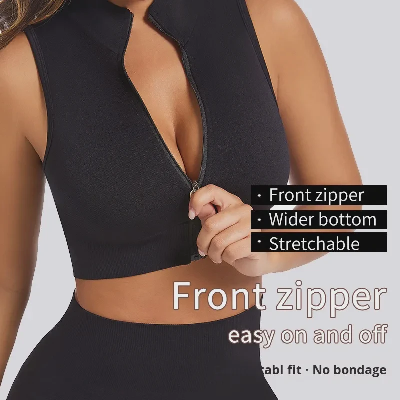 Women's Breathable Zipper Sports Bra Vest Cross-Border Seamless Tight Gym Wear for Fitness Running Shockproof Zipper Vest for
