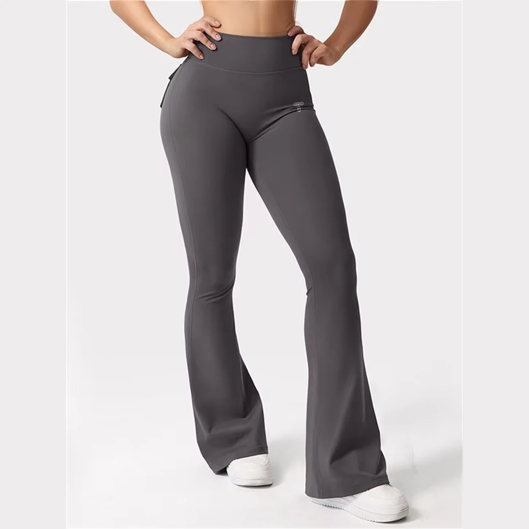 New Arrival Gym Fitness Women Solid Breathable Boot Cut High Waisted Flare Leggings Slimming Yoga Pants Tummy Pocket Four-Way