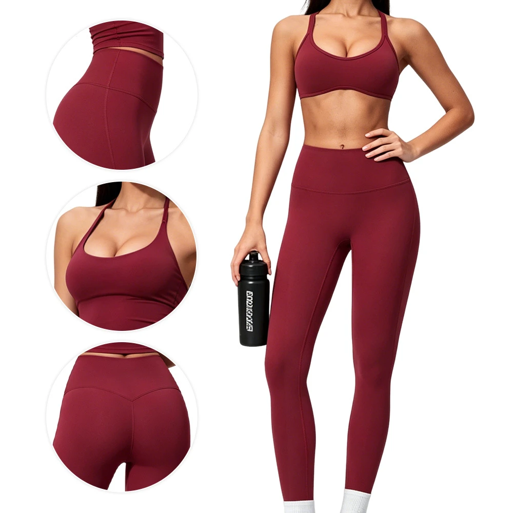 Women's Solid Quick Dry Breathable 2-Piece Athletic Training Set Nylon/Spandex Yoga Top High-Waist Pants Four-Way Front Moonwell