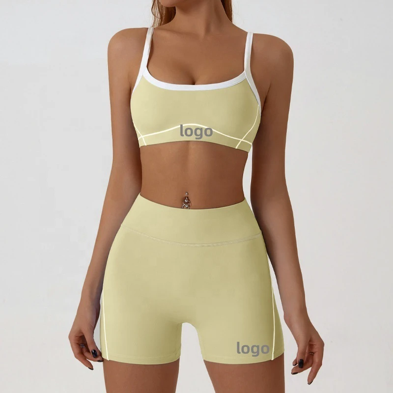 Custom Logo 2pcs Women'S Yoga Athletic Set Spandex Polyester Breathable Gym Wear Yoga Shorts Sports Bra With Breast Pad Set