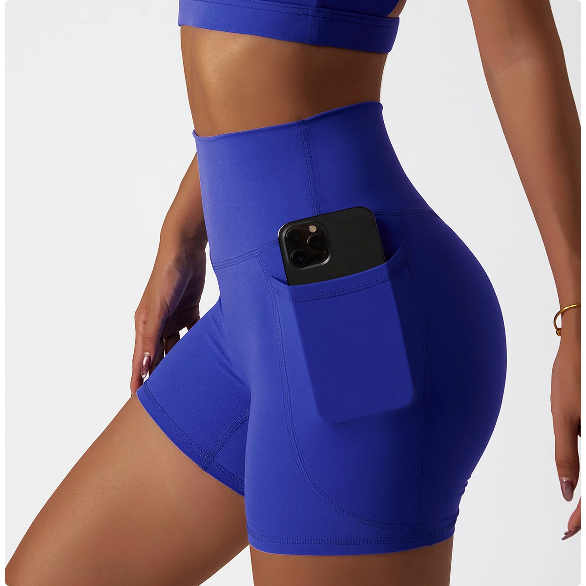 Summer High Waist Stretch Sexy Gym Yoga Shorts Hip Lift Pants Pocket Breathable Running Cycling Sports Shorts Women