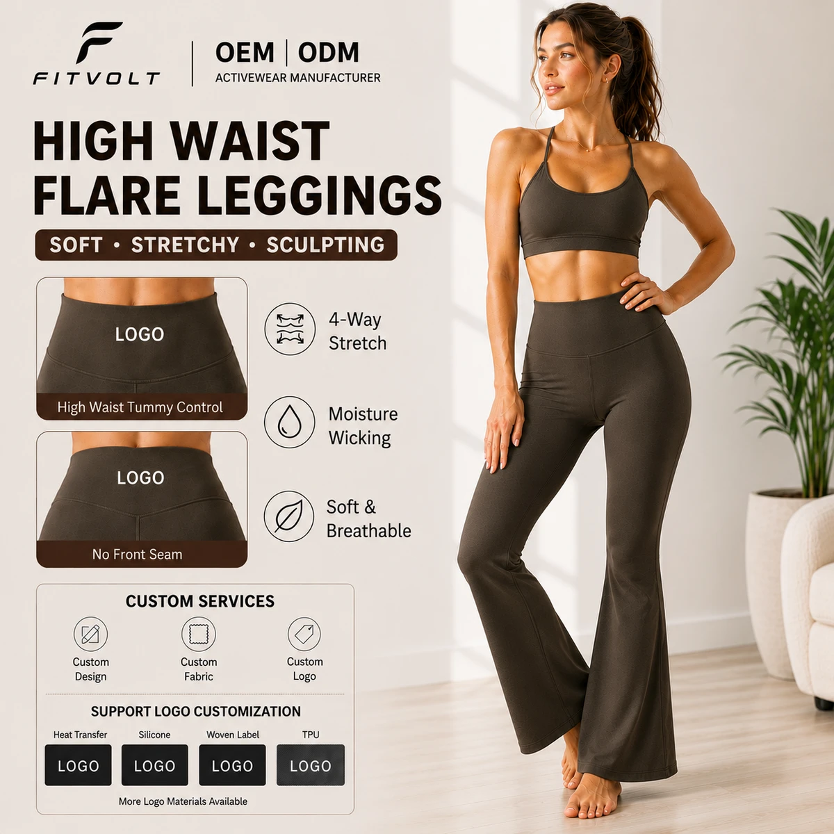 FITVOLT Women's High Waist Flare Gym Sport Push-Up Yoga Legging Solid Pattern Four-Way Stretch Full Length Eco-Friendly
