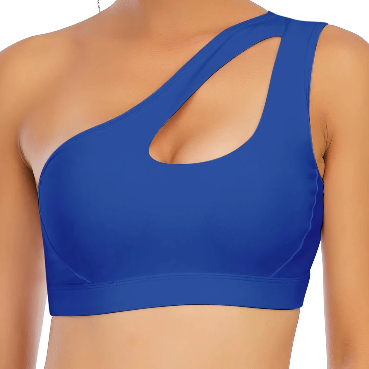 Whole Sale OEM Women's High Quality Spandex/Polyester One Shoulder Crop Sports Bra Breathable Front Medium Support Deep V-Neck
