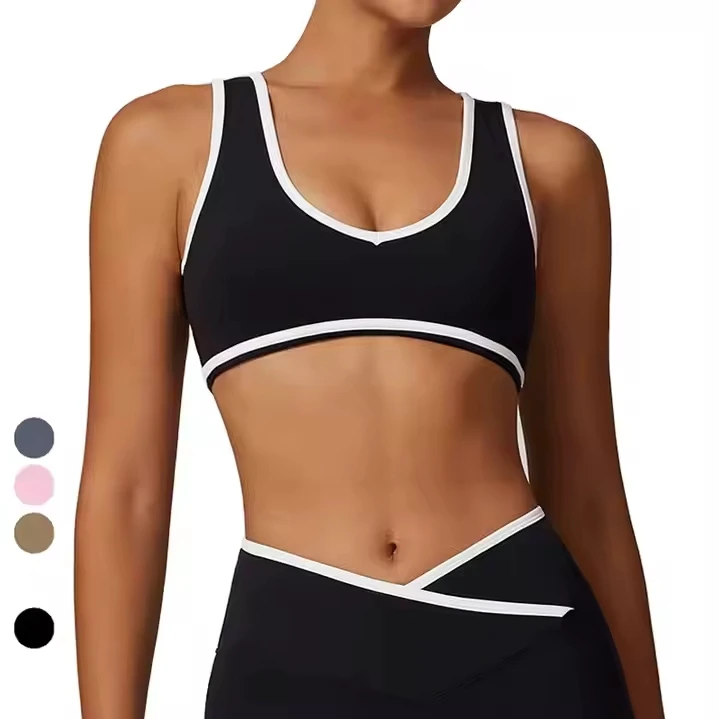 New Contrast Color Wide Strap Vest Sports Top Beautiful Back Gym Yoga Wear Shockproof Sports Bra for Women