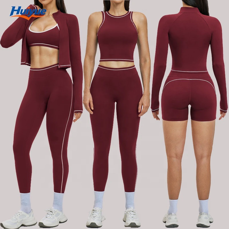 Breathable Color Contrast Outdoor Sports Running Yoga Training Set Full Sleeve Zipper Jacket High Waist Leggings Tracksuit