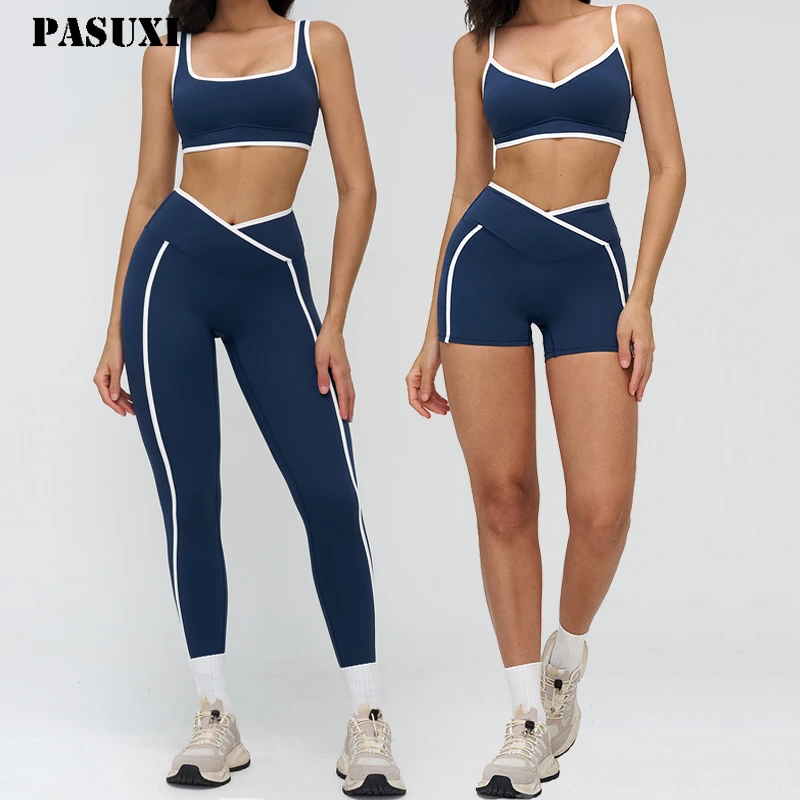 PASUXI 2026 Plus Size Women's Halter Sports Bra High Waist Four-Way Stretch Elastic Waist Yoga Leggings 2-Piece Gym Fitness Set