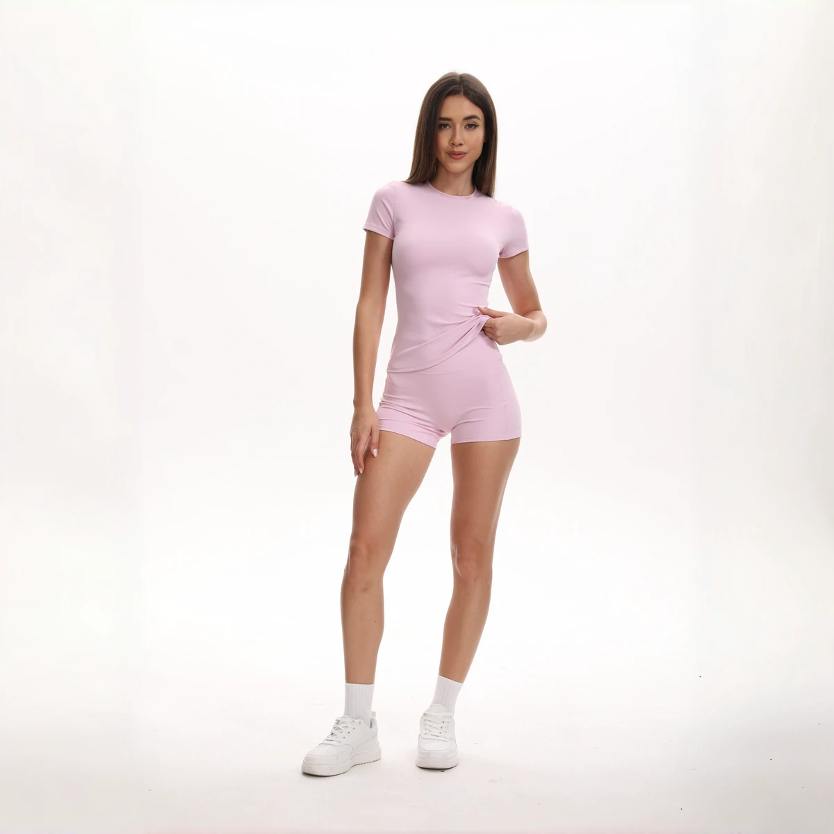 Solid Color Cropped Slim Fit Yoga Shorts Set Women Side Pockets High Waist Tummy Control Hip Lifting Four-Way Stretch