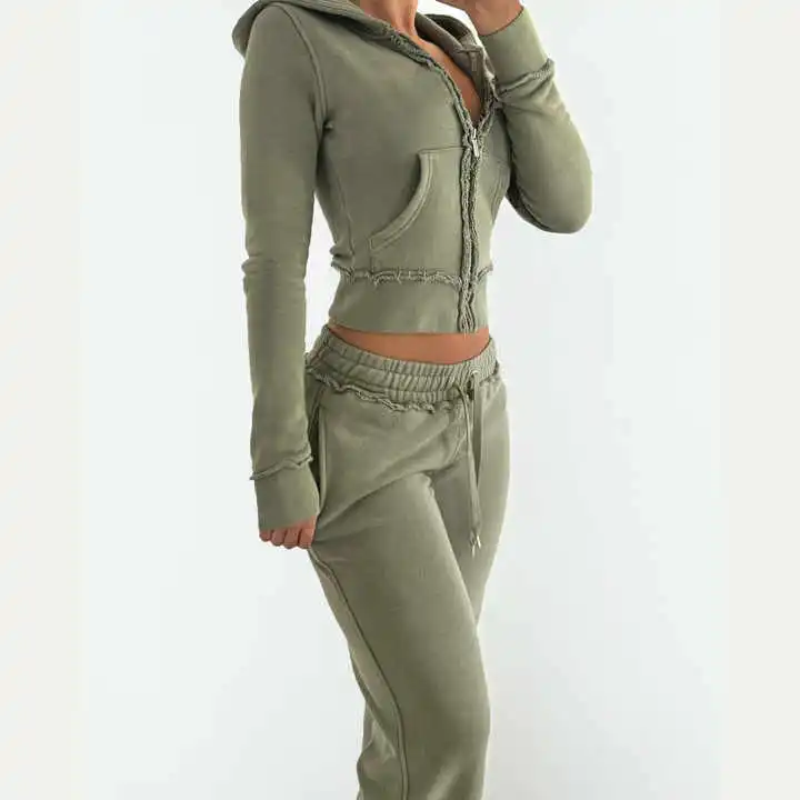 Custom Distress Embroidery Patch Tracksuit 2pc Flared Sweatpants Hoodie Cropped Women's Casual Solid 100% Cotton Winter Set