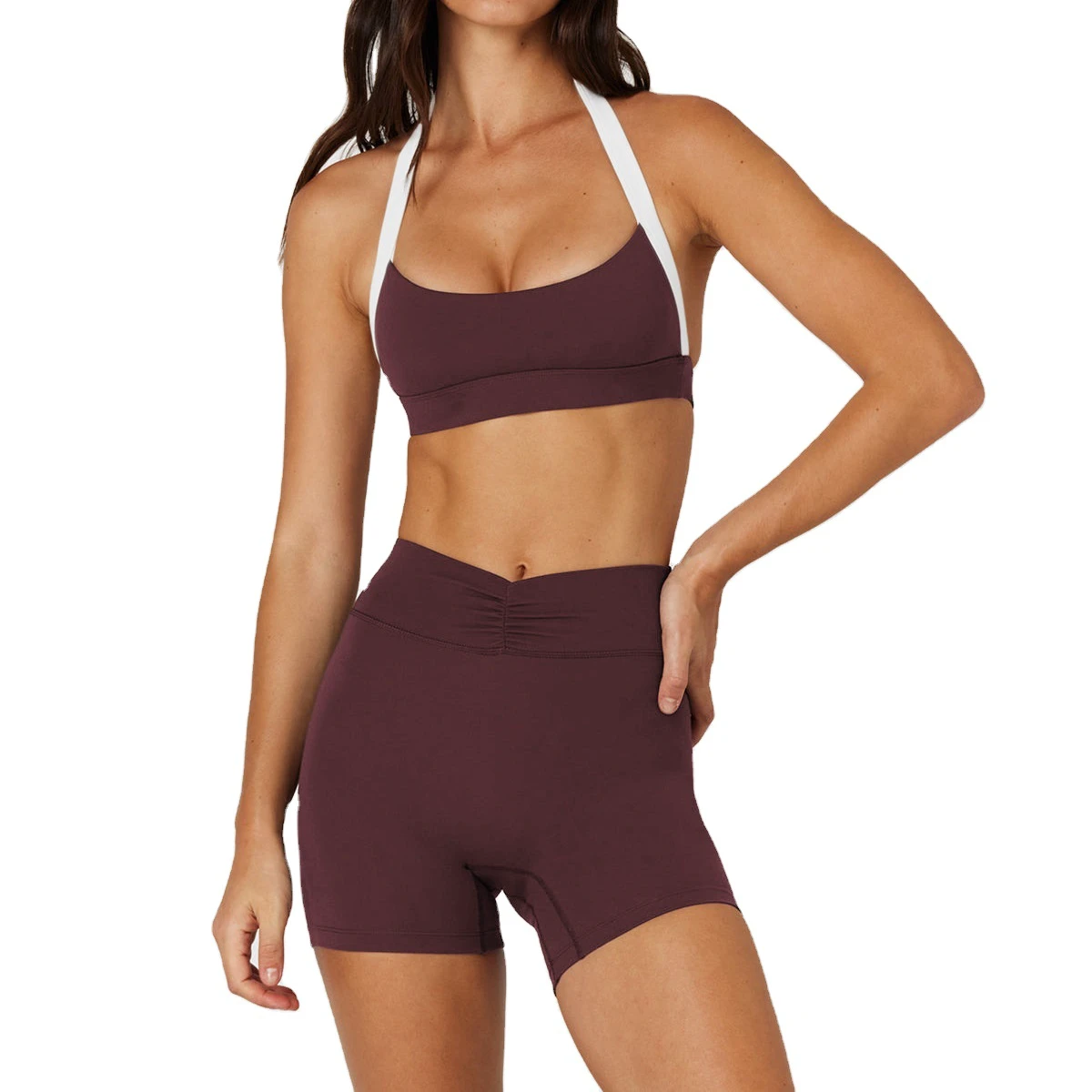 Women's Active Compression Breathable Quick Dry Two Tone Halter Sports Bra and Shorts Set for Yoga Gym Fitness