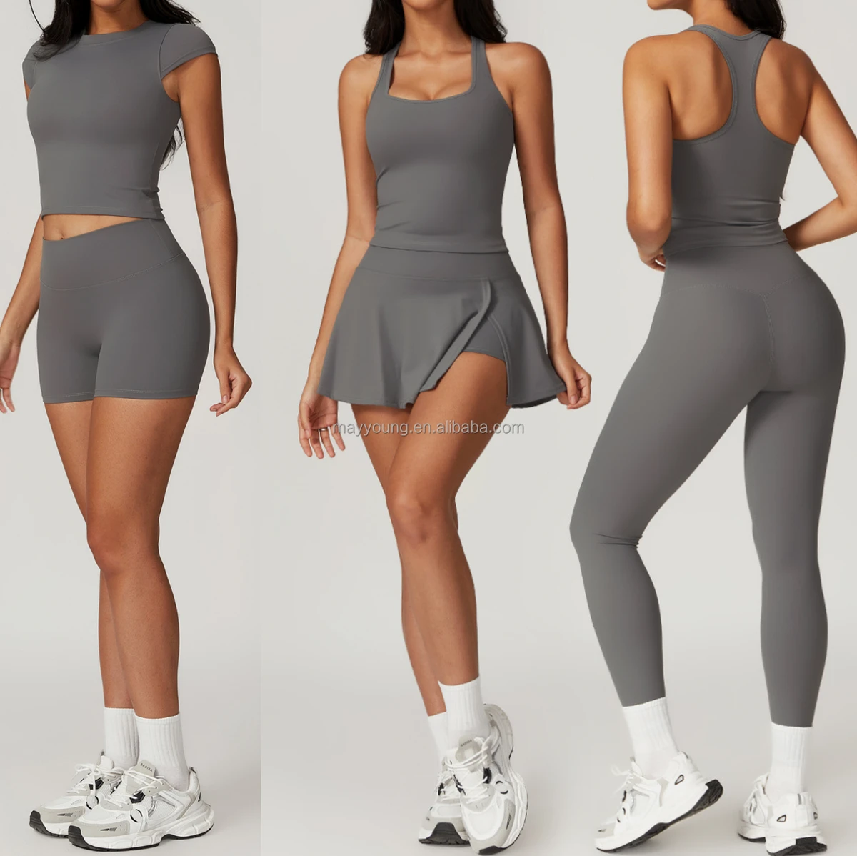 Premium Quality 5-Piece Yoga Set Quick Dry Seamless Tank Top Tshirt Shorts Featuring Elastic Waist Closure Solid Fitness Sport