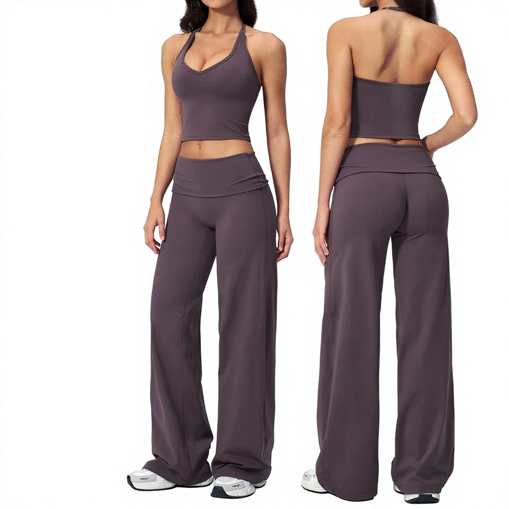 Hot Selling Breathable Solid 2-Piece Set High Waist V-Neck Sports Suit for Yoga Fitness Running 5529
