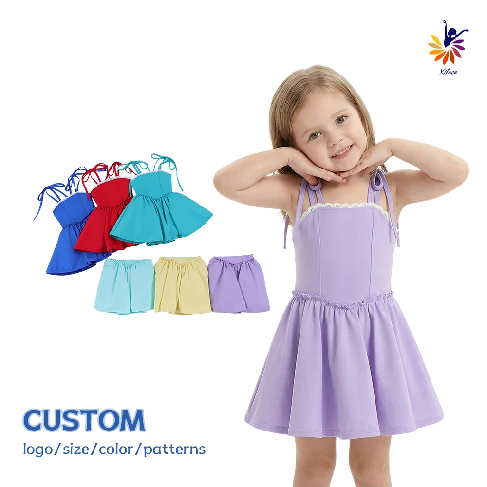 Girls Outdoor Casual Dress Yoga Fabric Tie Waist Lace Trim Built-in Shorts Custom Logo