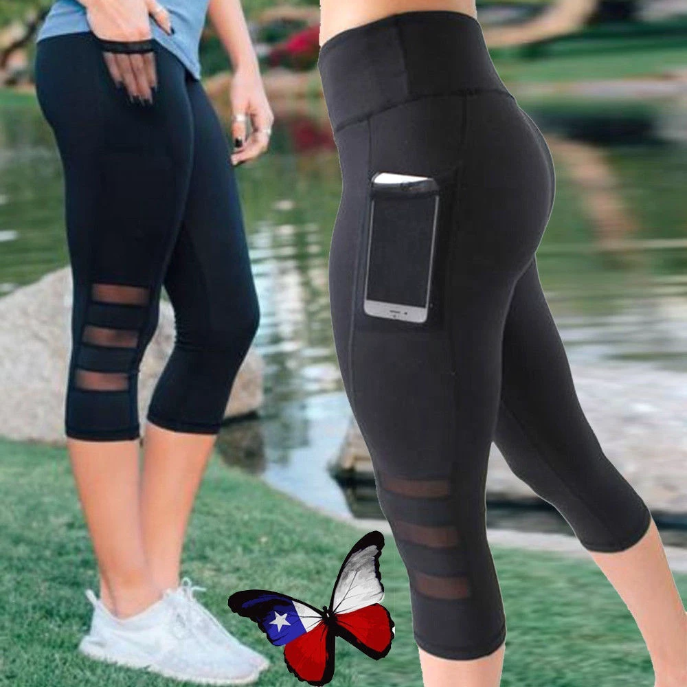 Wholesale Black High Waist Cropped Leggings Mesh Patchwork Gym Fitness Yoga Pant Legging With Pocket