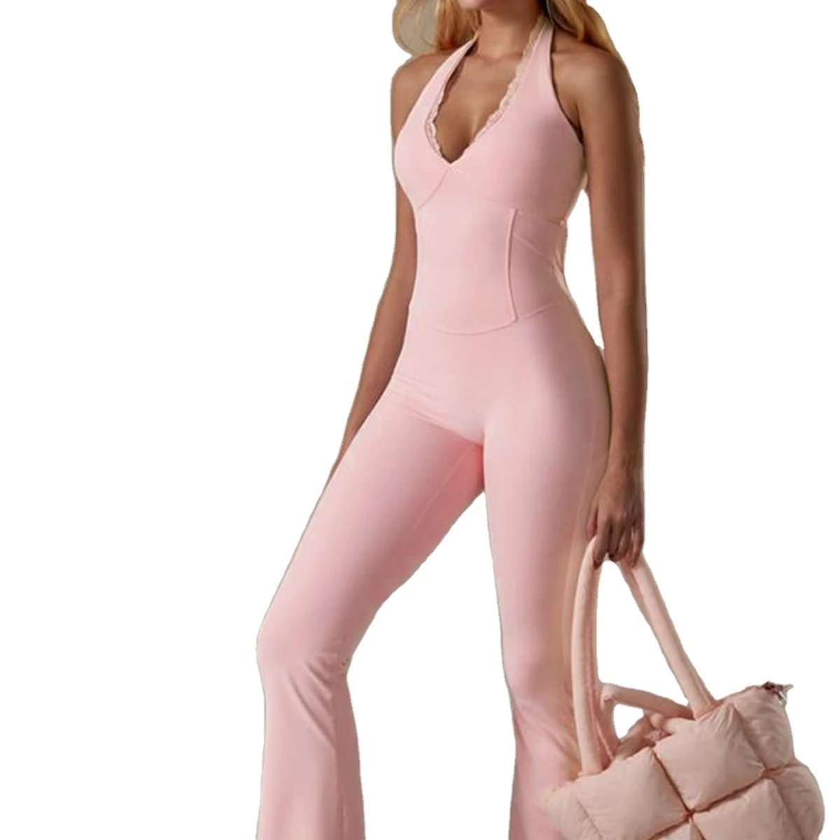 Women's 3-Piece Seamless Anti-Bacterial Spandex/Nylon Solid Jumpsuit Workout Set with One-Shoulder Neckline and Zip-Up Front