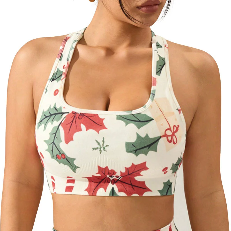 Yoga Sports Bra Seamless Breathable Square Neck Maple Leaf Printed High Support Top for Woman Out Wear