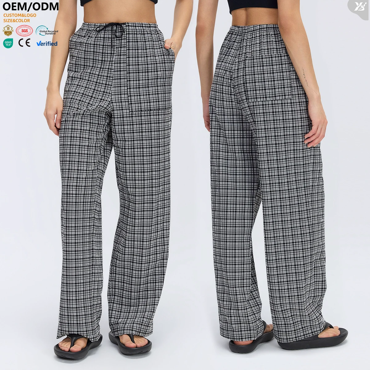 Hot Selling Style Lightweight Plus Size Wide Leg Yoga Workout Drawstring Waistband Casual Plaid Gym Pants Women With Pockets