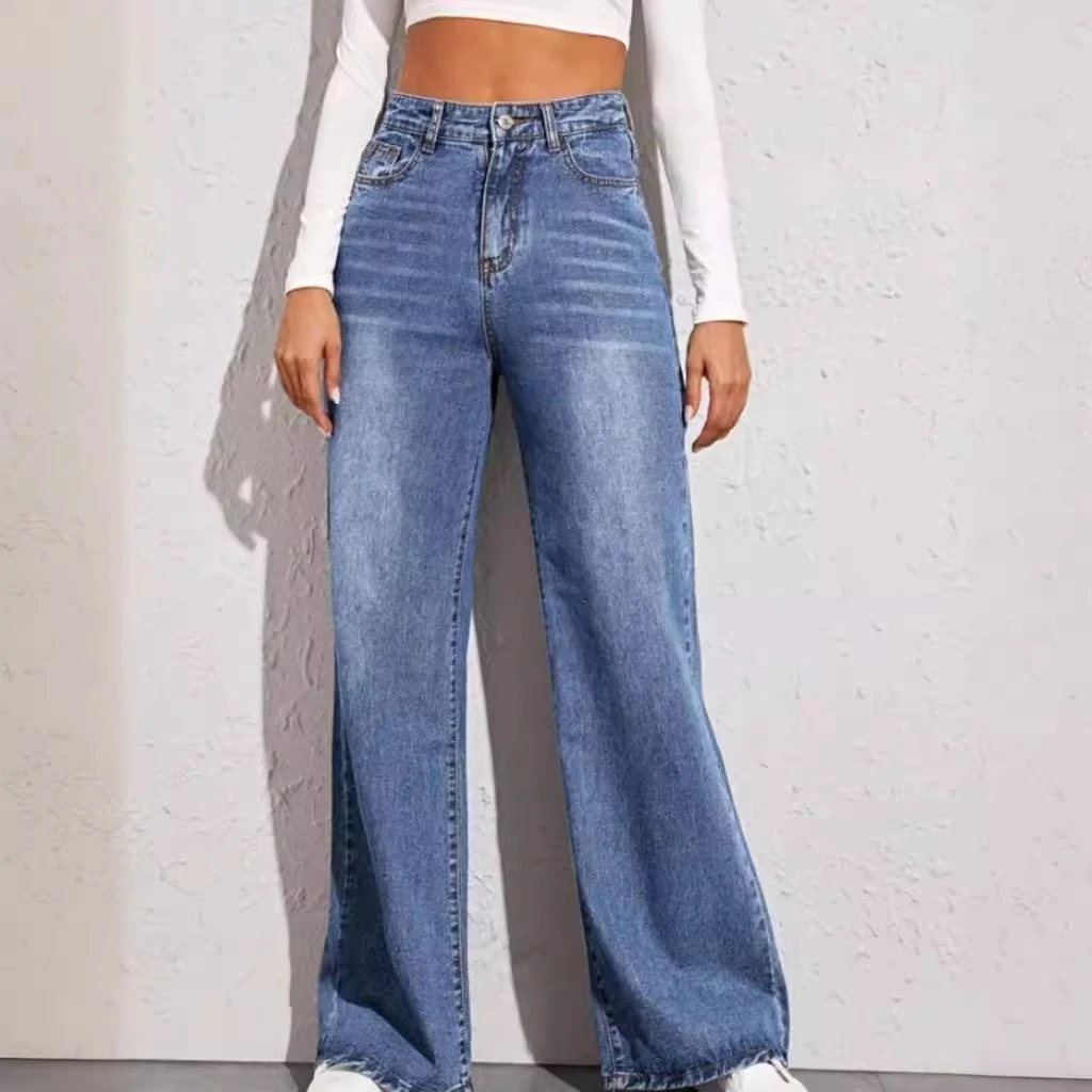 2026 New Arrival Figure Flattering Whiskering Women's Wide Leg Straight Jeans Mid-Waist Denim Washed Pants for Women