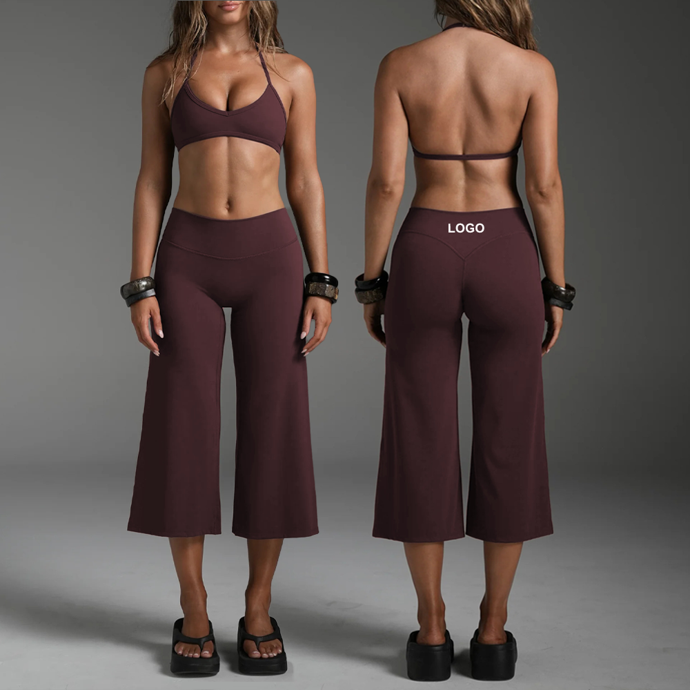 Custom Halter Sports Bra & Calf-Length Wide Legs Yoga Leggings High-Waisted Yoga Activewear 2 Piece Workout Yoga Sets