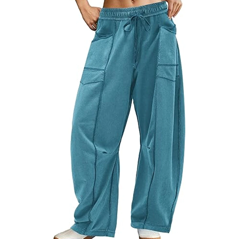 Women Spring Cargo Sweatpants Wide Leg Pants High Waist Drawstring Joggers Loose Fit Streetwear Casual Lounge 100% Cotton
