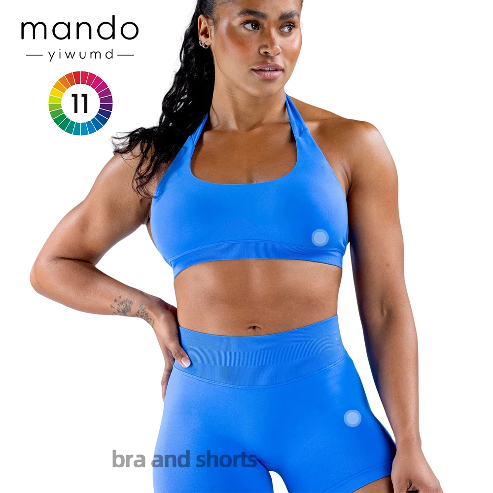 Wholesale Hot Discount Seamless Backless Bra And High Waist Running Shorts 2 Pieces Women's Gym Yoga Sports Bra
