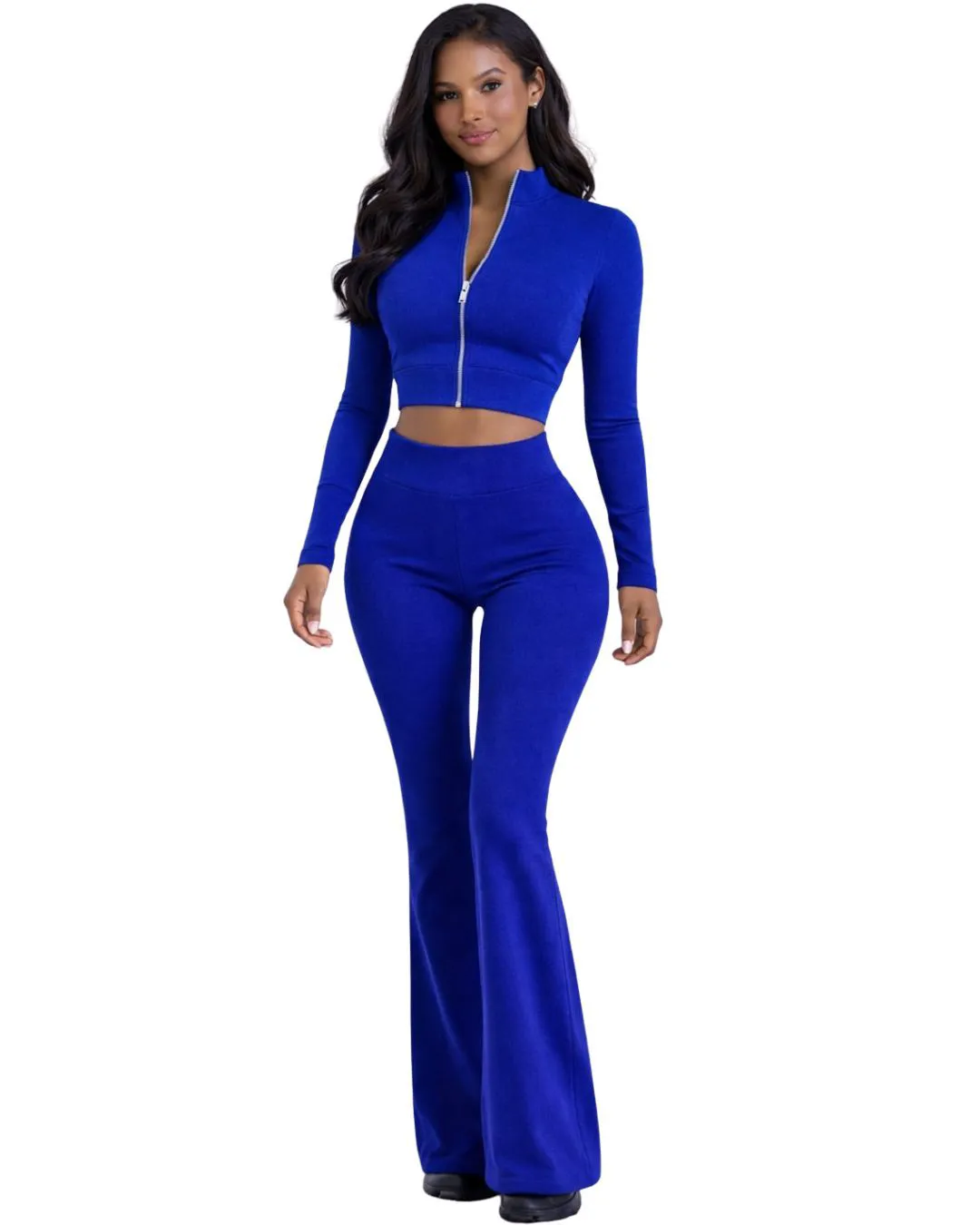 Royal Blue Women Two Piece Yoga Set Zip Crop Top And High Waist Flared Pants Stretch Fitness Gym Wear Custom Manufacturer OEMPro