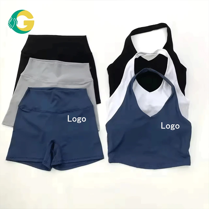 GC NEW Women's Shark Style High Waist Yoga Pants Hip Lift Quick Dry Solid Color Halterneck Sports Bra Pilates Gym Activewear Set
