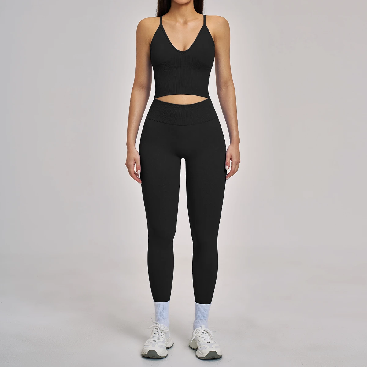 Women's High Elasticity Seamless Yoga Set V-Neck Racerback Crop Top and Full Length Leggings Gym Workout 2 Piece Activewear