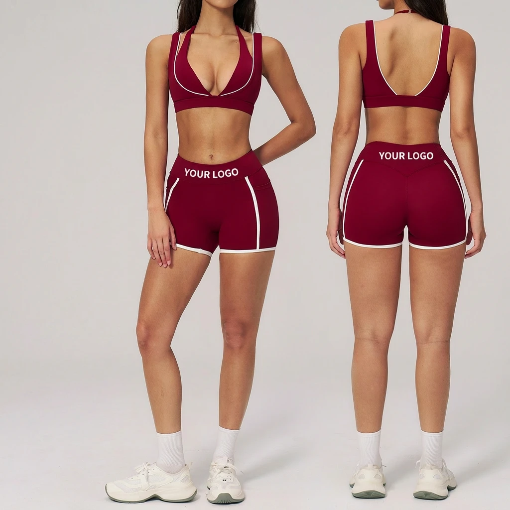 Contrast Color Block Naked Feel Yoga Set Custom Logo 2 Piece Sport Bra High Waist Shorts Activewear Gym Workout Outfits ZY26146