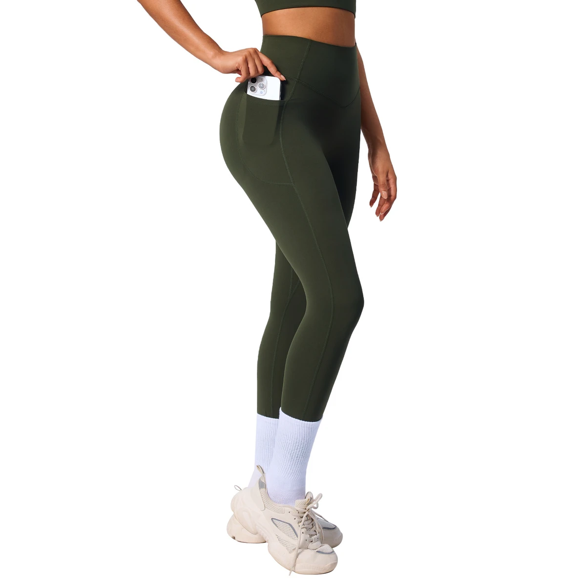 Women's High Waist Nylon Yoga Leggings with Side Pockets-Tummy Control Butt Lifting Fitness Tights Gym Running