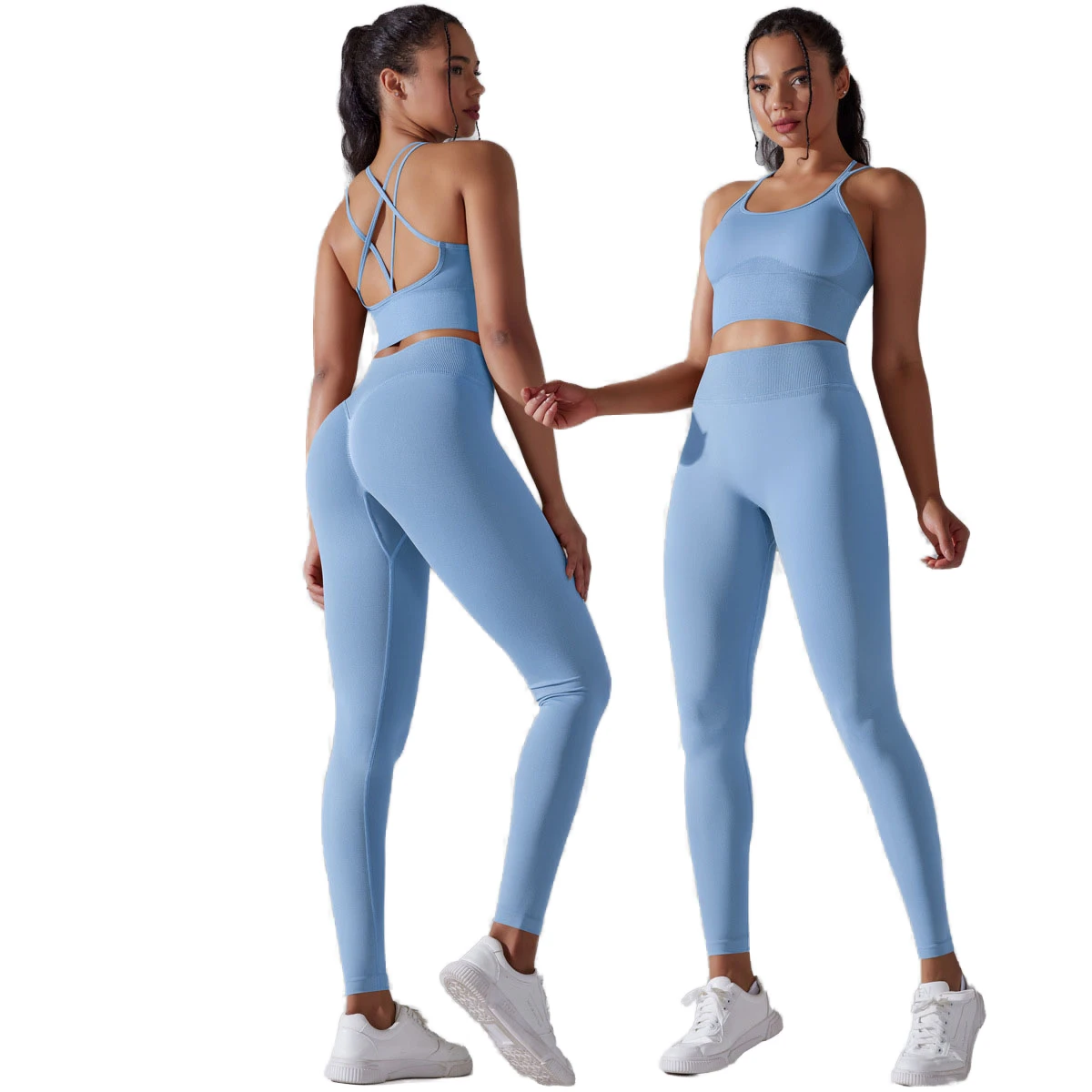 Beautiful Two-Piece Gym Wear Set Seamless High Waist Yoga Bra Leggings Elastic Closure Halter Neck Breathable Spandex/Nylon