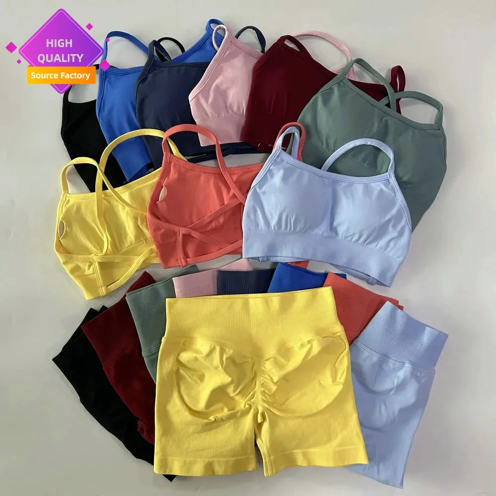 LVD415 Women 2 Pieces Yoga Set Cross Straps Bra Beautiful Back Tops High Waist Sport Short Scrunch Bum Workout Short Gym Suit