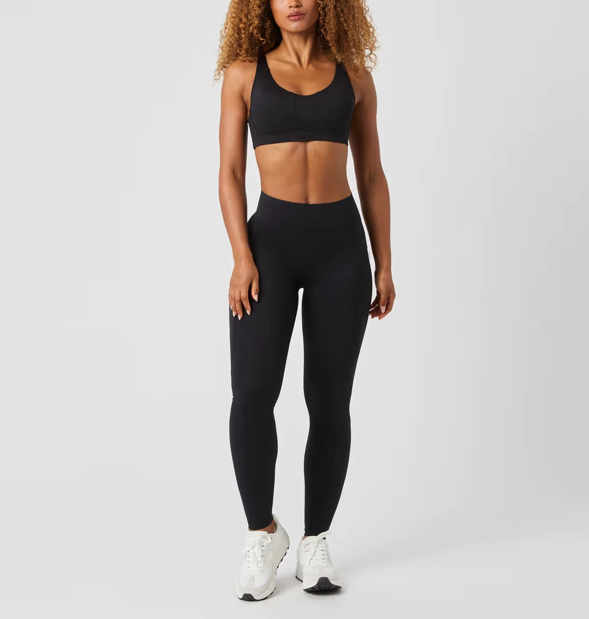 Premium Solid Seamless Breathable Spandex/Nylon 2-Piece Workout Set Women Supportive Sports Bra High-Waisted Ankle-Length Front