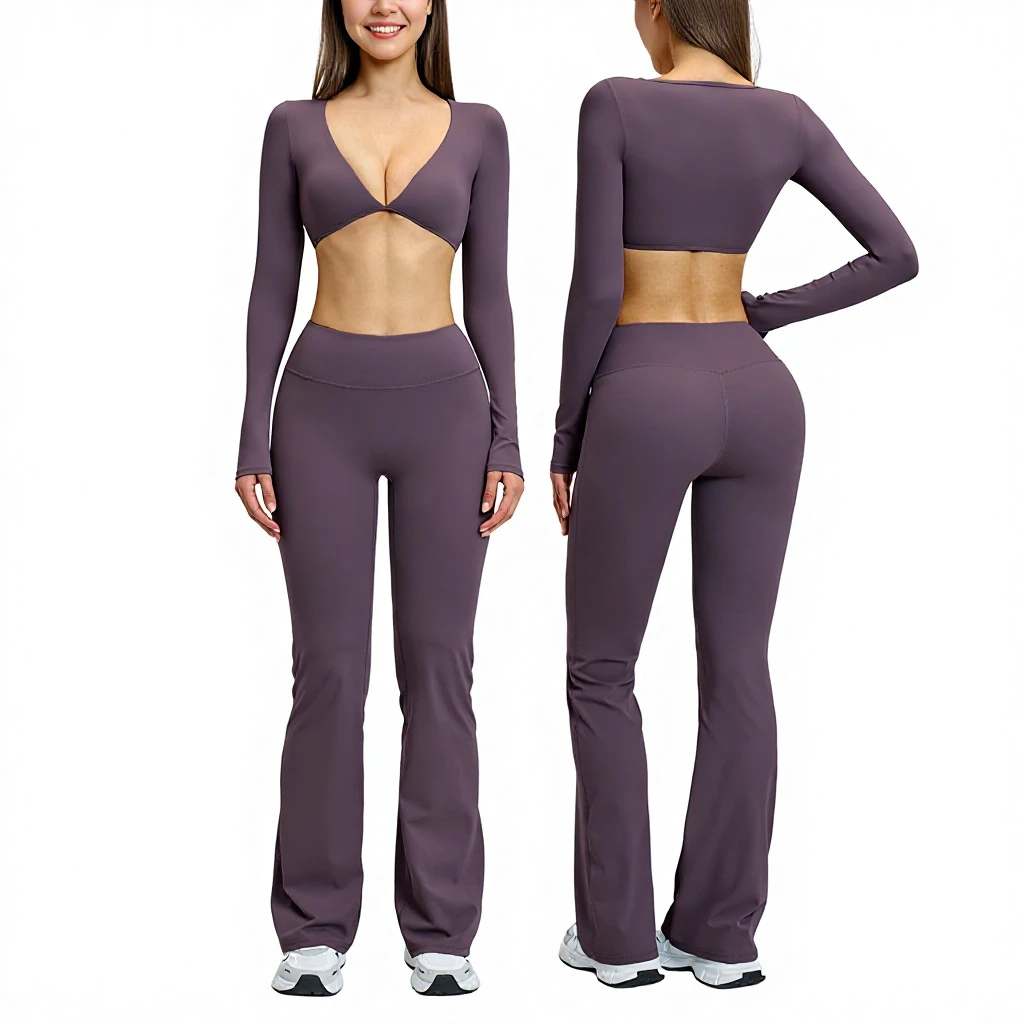Women's V-Neck High-Waisted 2-Piece Yoga Suit Set Spandex/Nylon Durable Quick Dry Breathable Fitness Wear Model 4201