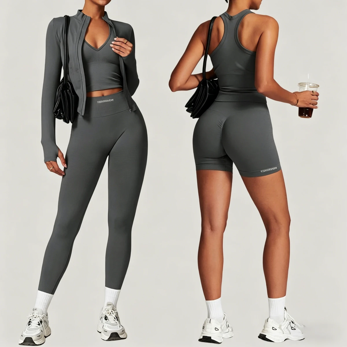 Yoga 5-Piece Seamless Sets Plus Size Quick Dry Tight Running Shock-Proof High Waist Four-Way Stretch Sports Set for Women