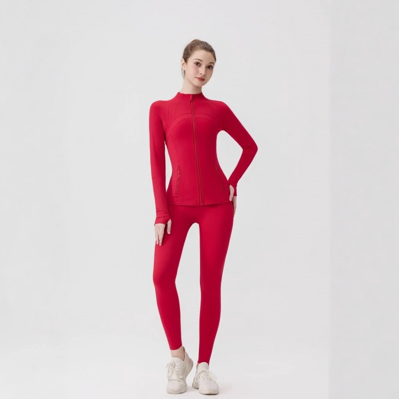 Solid Yoga 2-Piece Set Breathable DF Stand Collar Jacket Cropped Pants Long Sleeve Women's Tight Stretch