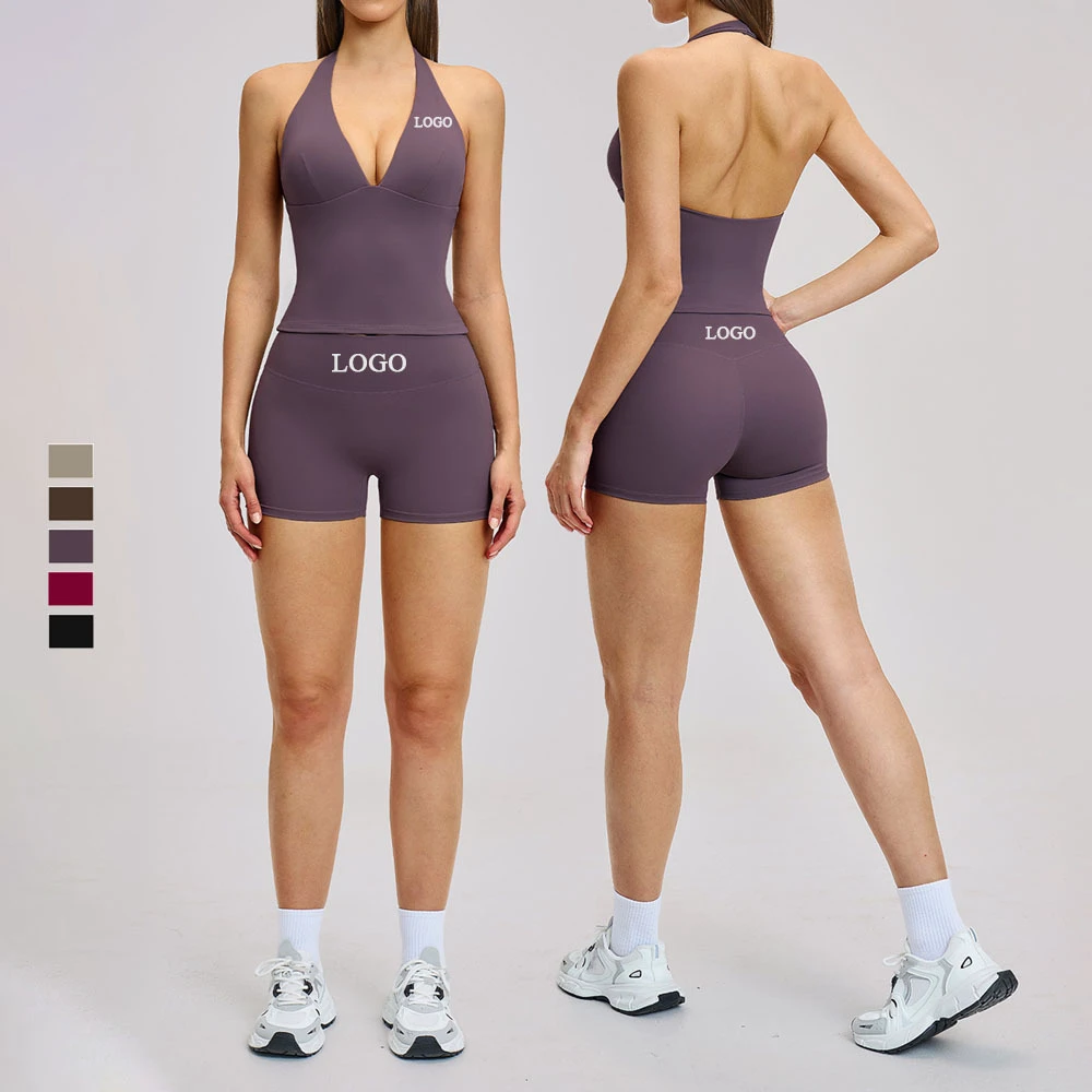 Custom Sustainable Recycled Moisture-Wicking Halter Sports Tank Top Bra High Stretchy Butt Lift Yoga Shorts Leggings Active Set