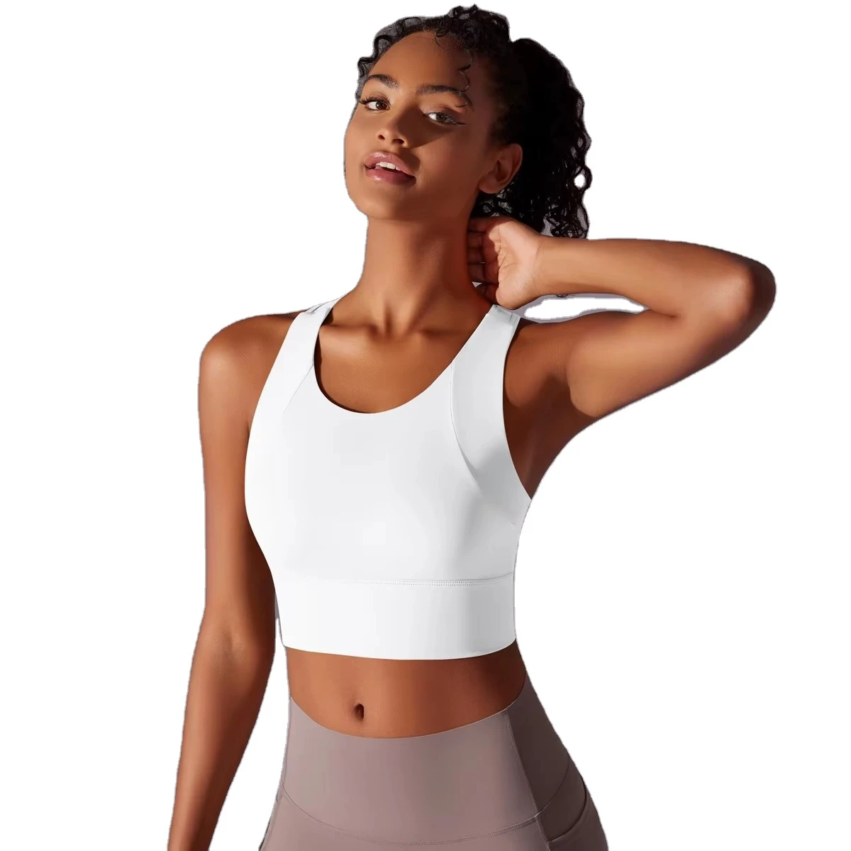 Women's High Support Nylon Spandex Sports Bra Yoga Gym-Sweat-Wicking Breathable Removable Pads Front Logo 240g Customized Sheer