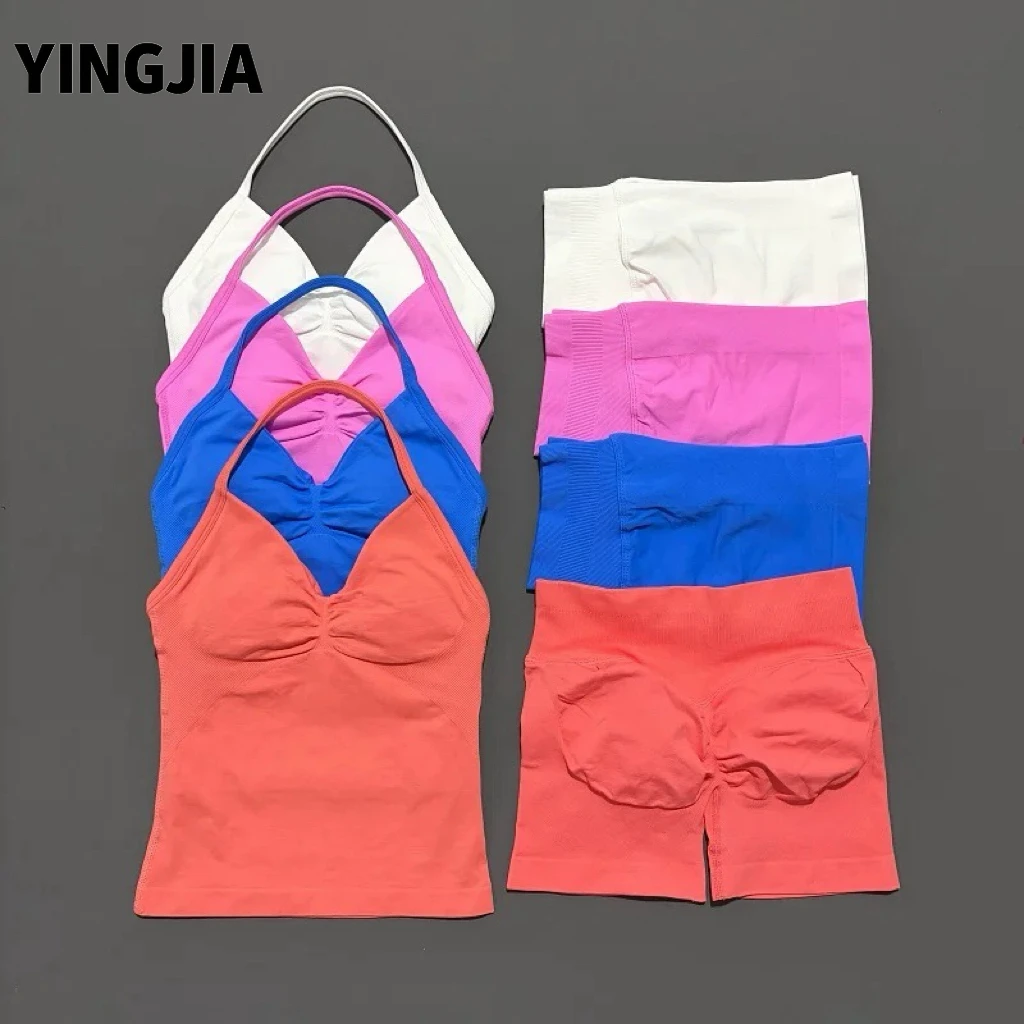 Women's Solid High Waist Hip Seamless Quick-drying Yoga Shorts 2-Piece Set Fitness Sports Fashion Spandex/Nylon