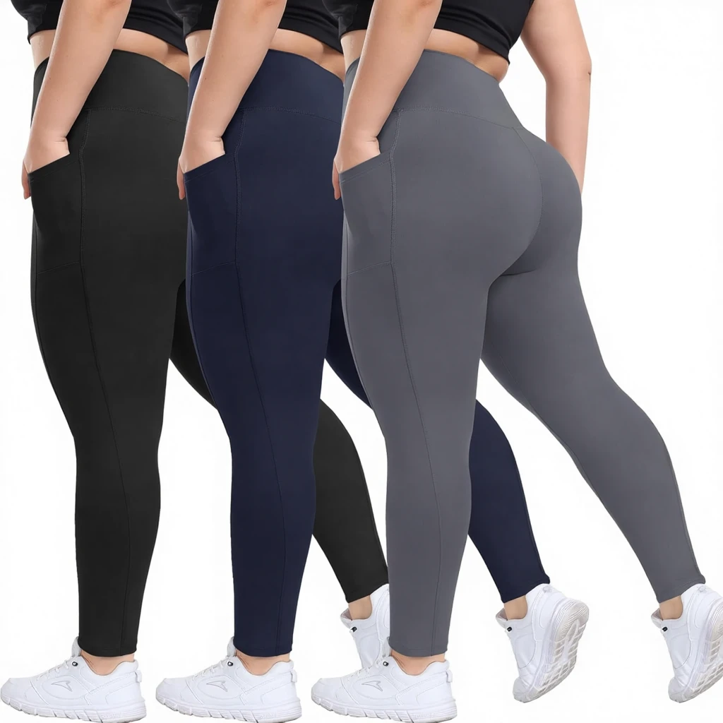 HLTPRO 3 Pack Plus Size Knee-Length Leggings with Pockets for Women-Black High-Waisted Tummy Control Soft Yoga Pants Gym Workout