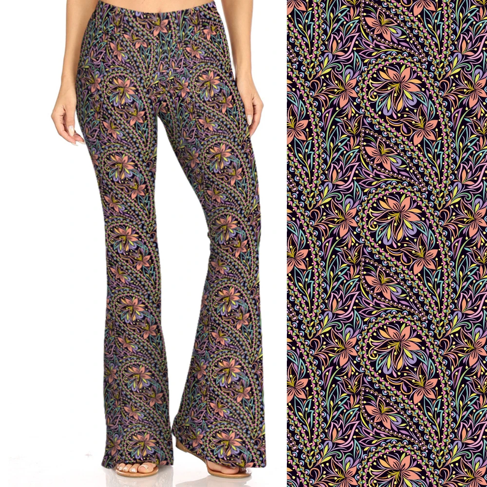 Custom LOW MOQ Colorful Paisley and Flowers Bright Ethnic Flare Wide Leg Yoga Leggings Women Gym Sports Flared Yoga Pants