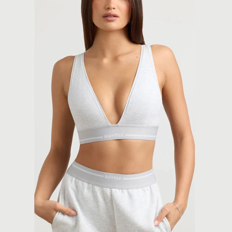 Women's Cotton Stretchy Breathable Yoga Sports Bra Top Quick Dry Sexy Plunge V-Neck Backless Design Custom Logo Knitted Fabric