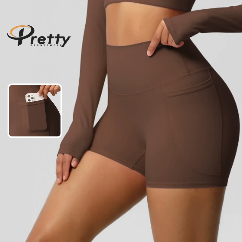 Women's High Waist Yoga Shorts with Side Pocket Butt Lifting High Stretch Quick Dry Moisture-Wicking for Gym Running Workout