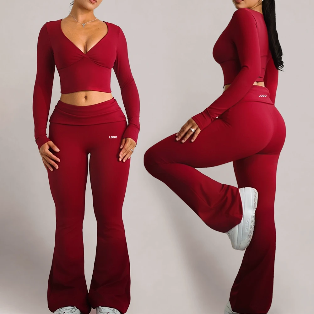 Custom Foldover Waist Yoga Pants Set Long Sleeve Cropped Top Flared Leggings Two Piece Gym Workout Wear For Women